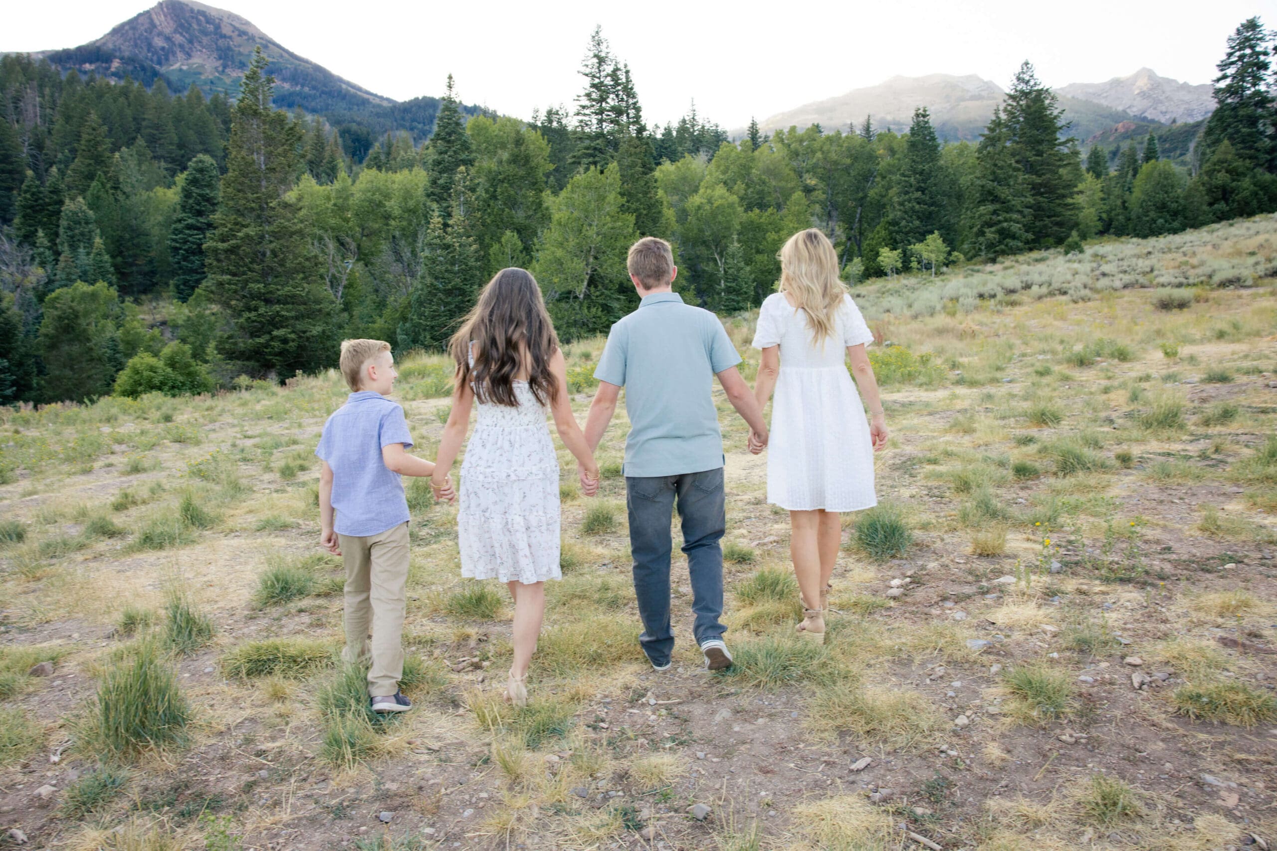 Family of 4 walking hand in hand at Tibble Fork Reservoir in the Utah mountains.